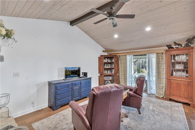 living room with ceiling fan, light hardwood / wood-style floors, lofted ceiling with beams, and wood ceiling