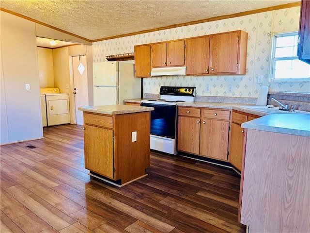 kitchen featuring electric range, dark hardwood / wood-style flooring, white refrigerator, washing machine and clothes dryer, and sink