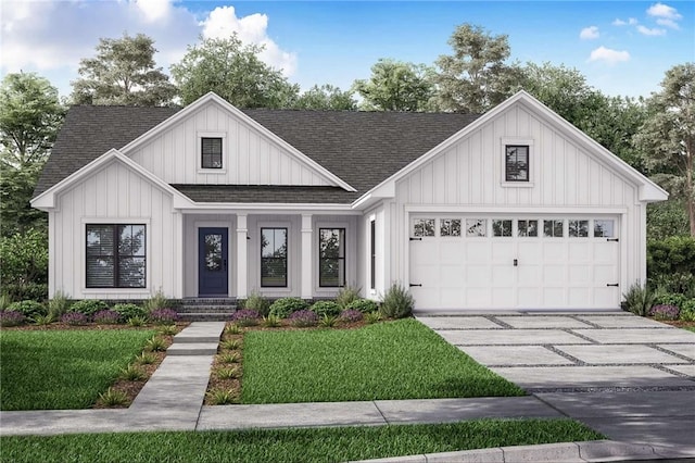 modern farmhouse style home with a front lawn and a garage