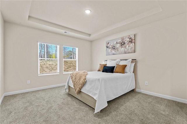 bedroom featuring a raised ceiling and carpet floors