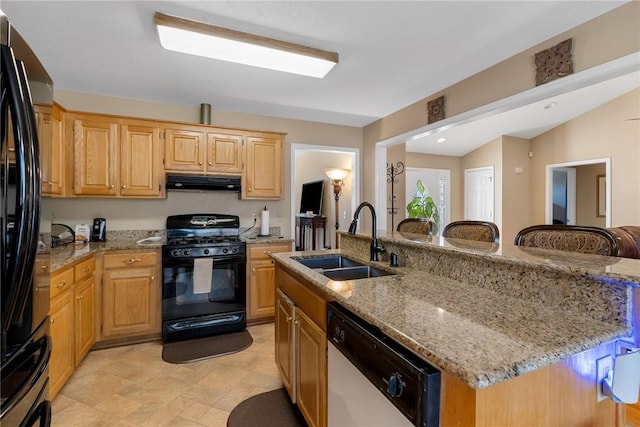 kitchen with sink, a center island with sink, black appliances, and light stone countertops