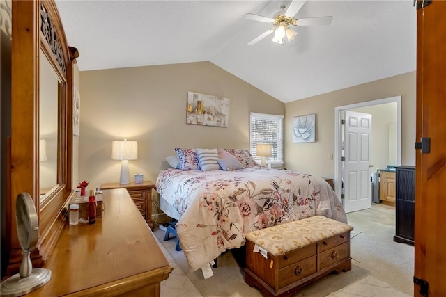 carpeted bedroom featuring lofted ceiling and ceiling fan