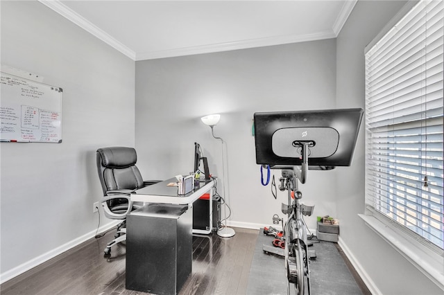 home office with dark wood-type flooring and crown molding