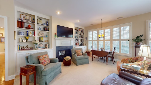 living room featuring built in features