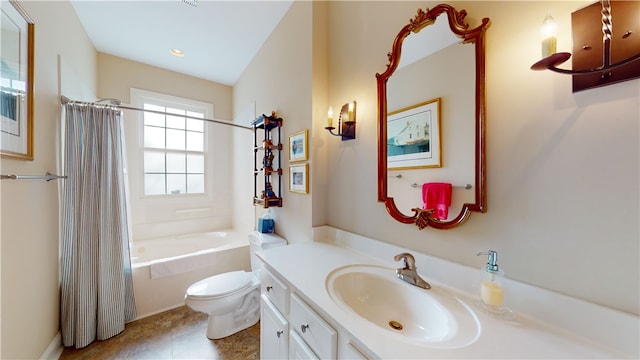 full bathroom with toilet, vanity, and shower / bathtub combination with curtain