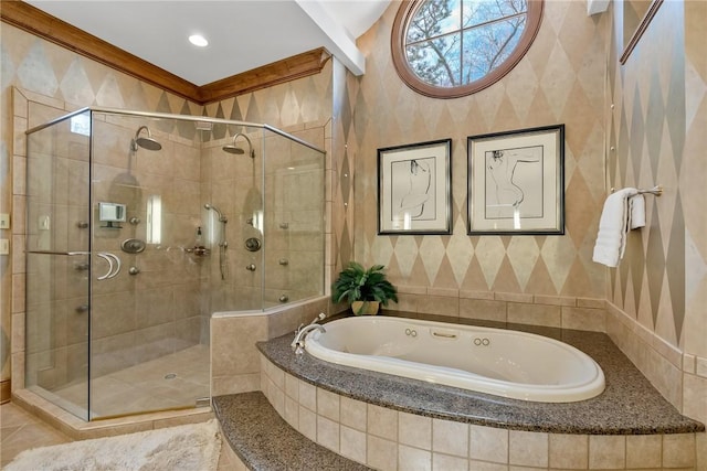 bathroom with crown molding and independent shower and bath