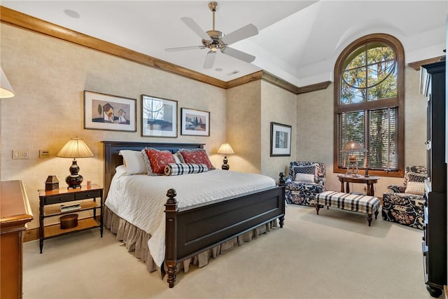 carpeted bedroom with ceiling fan and a towering ceiling