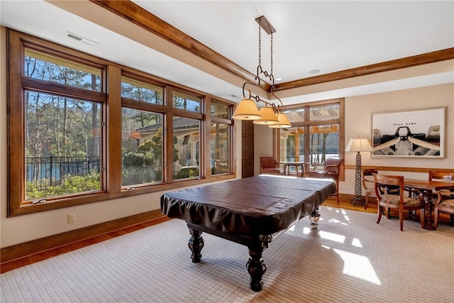 recreation room featuring plenty of natural light, wood-type flooring, pool table, and ornamental molding