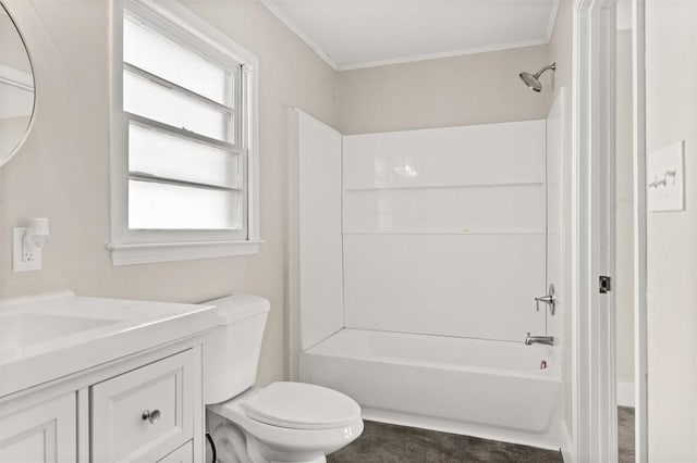 full bathroom featuring shower / bath combination, toilet, vanity, and crown molding