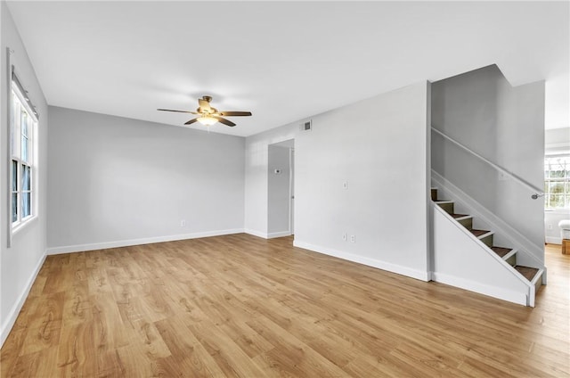 empty room featuring ceiling fan and light hardwood / wood-style floors