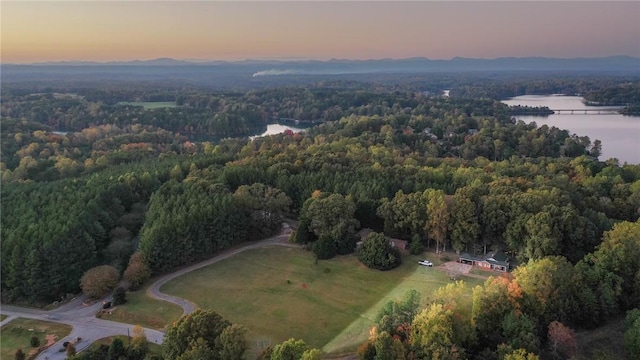 aerial view at dusk featuring a water view