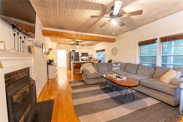 living room with ornamental molding, wood ceiling, light hardwood / wood-style flooring, and beamed ceiling