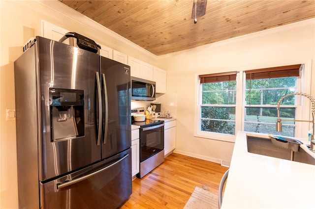 kitchen featuring stainless steel appliances, sink, white cabinets, light hardwood / wood-style floors, and wood ceiling