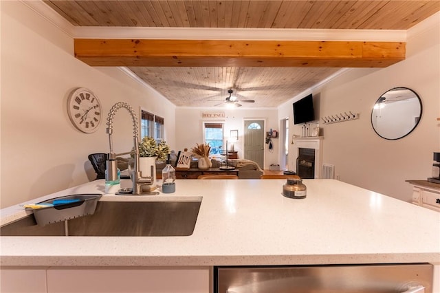 kitchen with sink, wood ceiling, ceiling fan, stainless steel dishwasher, and crown molding