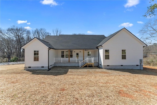 view of front of home with crawl space, covered porch, and ceiling fan