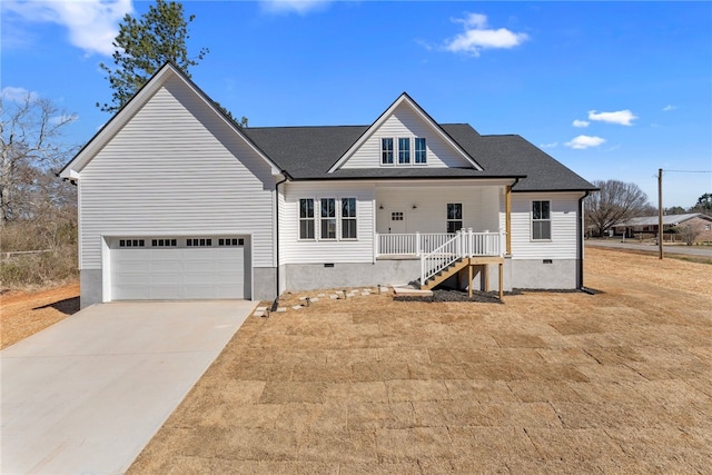 view of front of property with a porch, concrete driveway, an attached garage, and crawl space