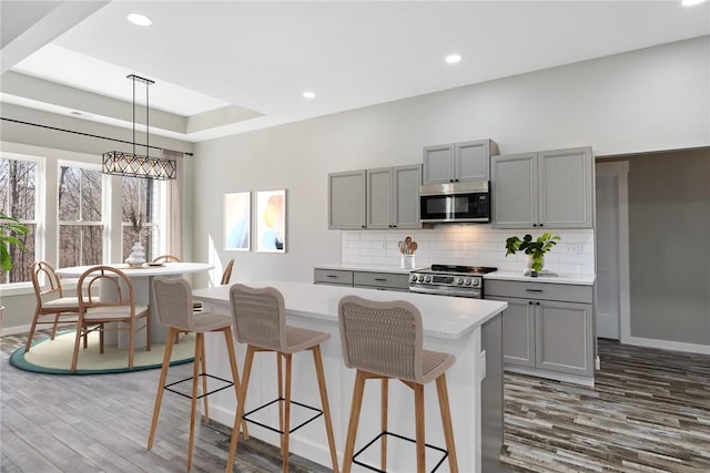 kitchen with appliances with stainless steel finishes, a tray ceiling, light countertops, and gray cabinetry