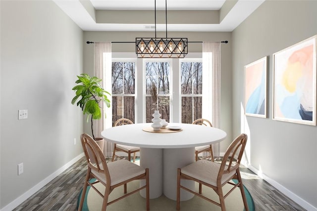 dining area with dark wood-style floors, a tray ceiling, and baseboards