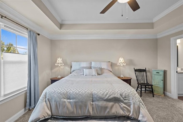 carpeted bedroom featuring ceiling fan, multiple windows, a tray ceiling, and ornamental molding