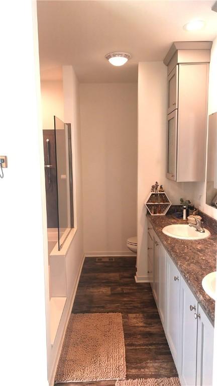 bathroom with vanity, wood-type flooring, and toilet