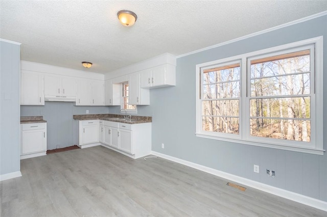 kitchen featuring a textured ceiling, white cabinets, sink, light wood-type flooring, and crown molding