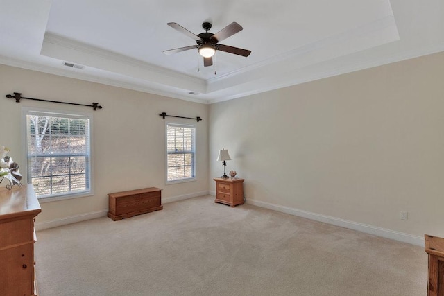 interior space with crown molding, light colored carpet, and a raised ceiling