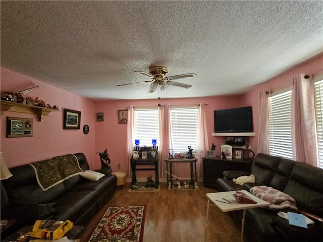254 Crystal Ln, Pickens, SC 29671 - living room featuring a textured ceiling, ceiling fan, and dark hardwood / wood-style flooring