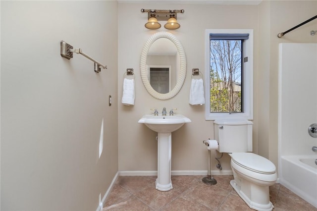 full bathroom featuring tile patterned floors, shower / tub combination, toilet, and a healthy amount of sunlight