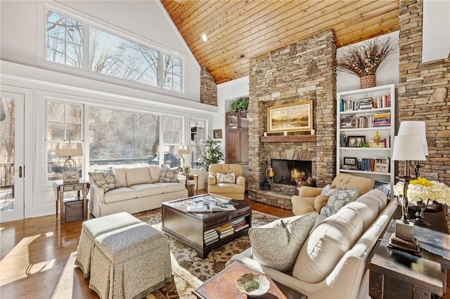 living room with high vaulted ceiling, a fireplace, wood ceiling, and hardwood / wood-style floors