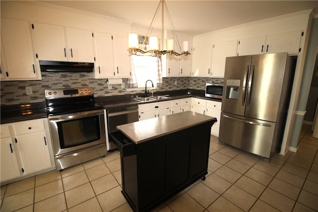 kitchen featuring white cabinetry, sink, stainless steel appliances, and a kitchen island