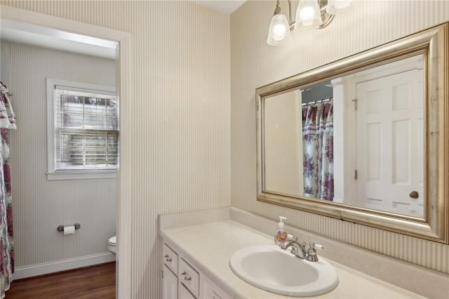 bathroom with toilet, hardwood / wood-style floors, and vanity