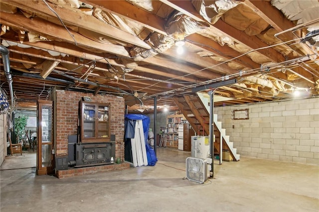 basement with a wood stove