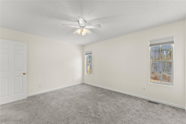 carpeted spare room featuring ceiling fan, a wealth of natural light, and a textured ceiling