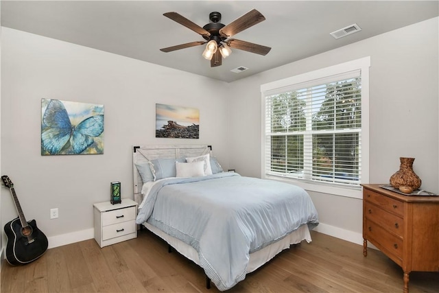 bedroom with ceiling fan and wood-type flooring