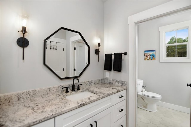 bathroom with toilet, tile patterned floors, and vanity