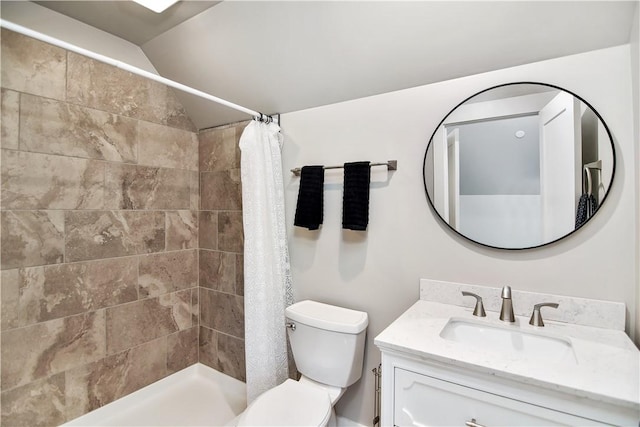 bathroom with curtained shower, toilet, vanity, and vaulted ceiling