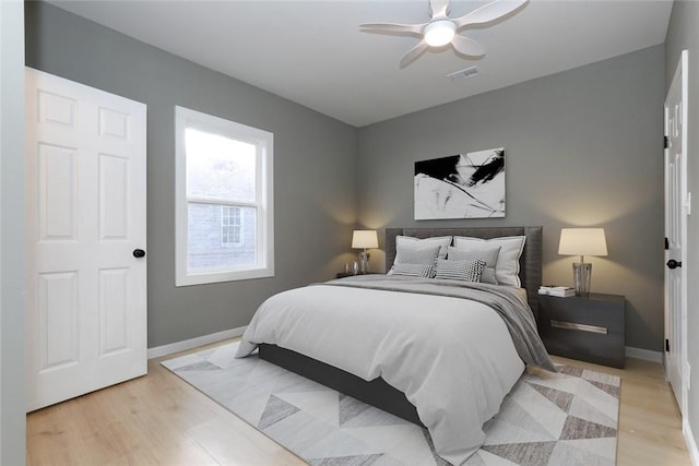 bedroom featuring ceiling fan and light hardwood / wood-style floors