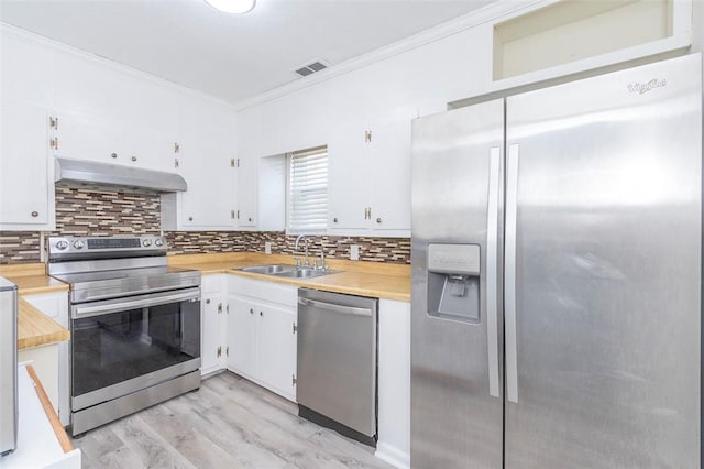 kitchen with sink, white cabinetry, stainless steel appliances, and tasteful backsplash