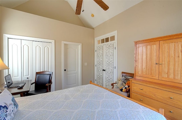 bedroom with ceiling fan and lofted ceiling