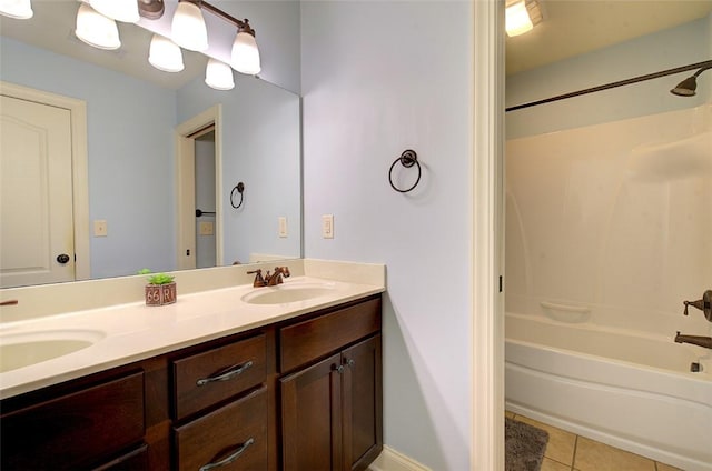 bathroom with shower / bath combination, tile patterned floors, and vanity