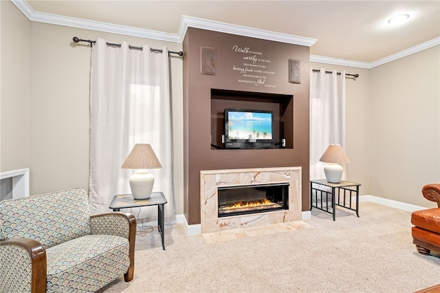 interior space featuring ornamental molding, a premium fireplace, and carpet flooring