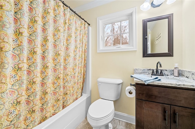 full bathroom featuring crown molding, vanity, toilet, and shower / bath combo