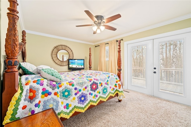 carpeted bedroom featuring french doors, crown molding, ceiling fan, access to exterior, and multiple windows