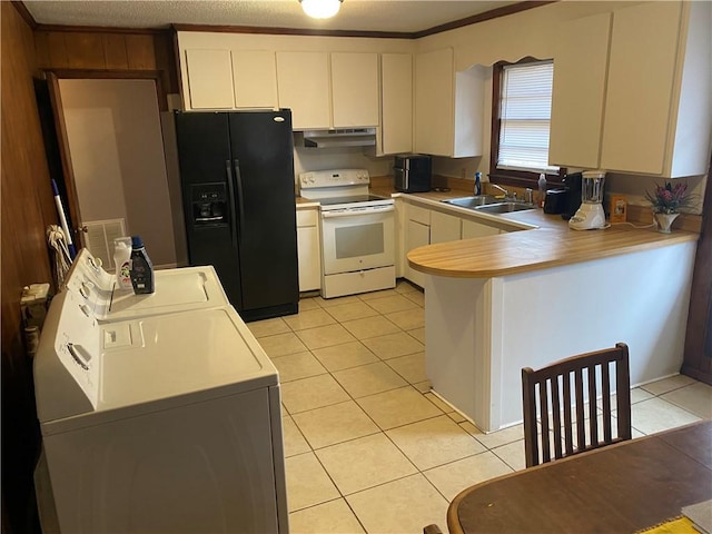 kitchen featuring white cabinets, black refrigerator with ice dispenser, white electric stove, ornamental molding, and light tile patterned floors