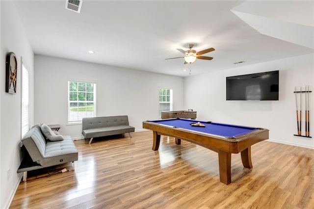 recreation room with light wood-type flooring, ceiling fan, and pool table