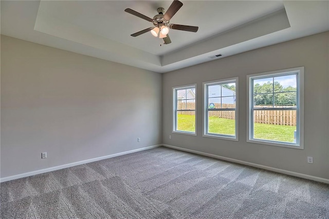 spare room with carpet flooring, ceiling fan, and a raised ceiling