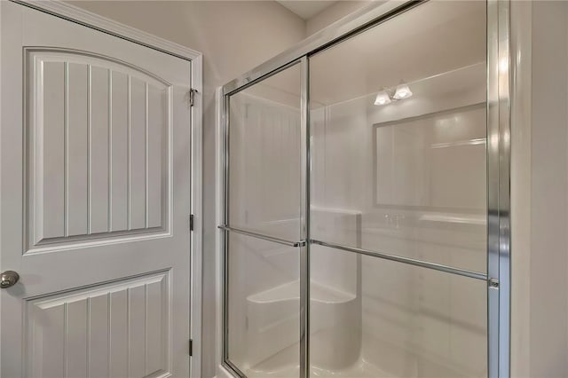 bathroom with a shower with shower door