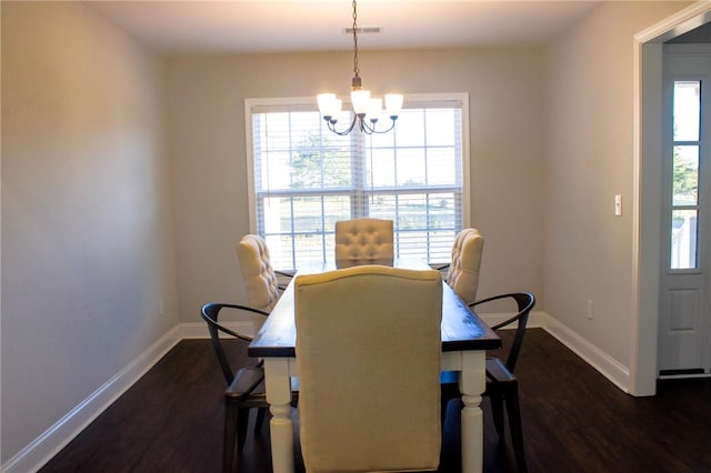 626 Johnny Long Rd, Iva, SC 29655 - dining space featuring baseboards, dark wood-style floors, visible vents, and an inviting chandelier