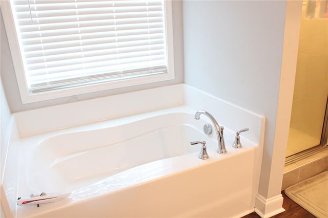 bathroom with plus walk in shower and wood-type flooring