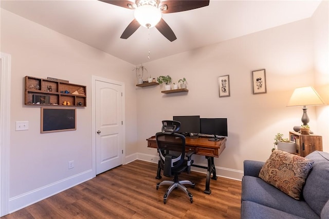 office featuring ceiling fan, baseboards, and wood finished floors